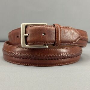 Mens Brown Leather Belt Woven Accent Silver Buckle Casual Dress 40